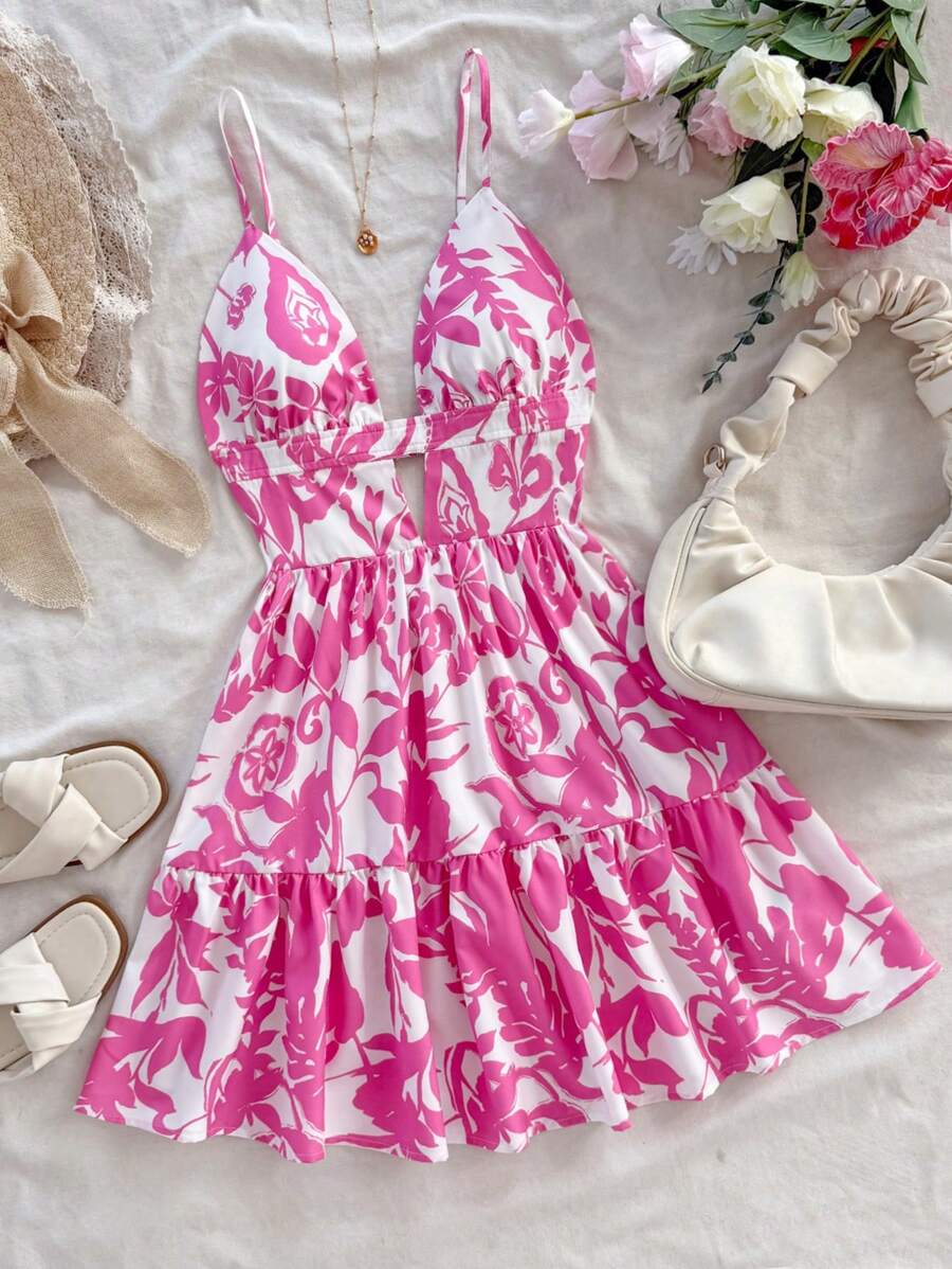 女士蓝白花卉印花露背腰 A 字迷你连衣裙，度假风格 - 粉色 - 查看 1