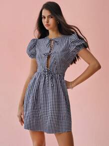 Enchnt Spring/Summer Romantic Women's  Plaid Puff Sleeve Tie Waist Short Dress
,Sweet&Elegant,For Birthday&Sweet Date Night&Garden Parties&Daily Commuting - Pink - View 1