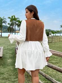 Flirla Ensemble robe longue blanche à manches longues avec patchwork en dentelle + cardigan brun rétro polyvalent pour femmes grande taille - Multicolore - Voir 2
