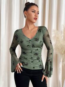 SHEIN Clasi Women's V-Neck Flare Sleeve Mesh Slim Fit Blouse, Ideal For Easter, Valentine's Day Outfits Festival