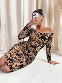 SHEIN Clasi Black Velvet Burnout Off Shoulder Ruched Long Sleeve Fitted Mid-Length Women Dress Dresses For Women Elegant Sexy Dresses For Women