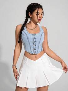 SHEIN EZwear Women's Front Button Sleeveless Casual Slim Fit Denim Top - Light Wash - View 7
