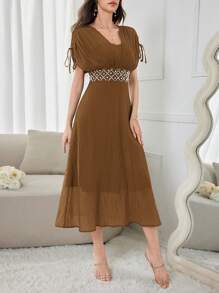 Modelyn Women's Brown Textured Midi Dress: Elegant Cocktail Or Party Dress With Pearl Beading,Summer Dresses For Women