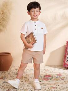 WESTFADE Young Young Boy Casual College Style Linen Shirt And Shorts Set
