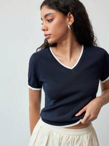MOTF STUDIO CONTRAST TRIM V NECK KNIT TOP - Blue - View 5