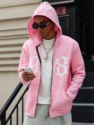 PAVTROS Manfinity Streetrush Erkek Günlük Harf Baskılı Fermuarlı Polar Astarlı Kapüşonlu Sweatshirt, Sonbahar Kış İçin, Uzun Kollu Üst