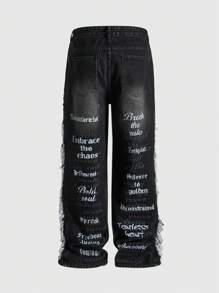 ROMWE MEN Street Life Jeans anchos con estampado de letras desgastados con bolsillo para hombre - Negro - Ver 8