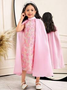 SHEIN 2pcs Set: Colorful Floral Embroidered Mesh Frill A-Line Collar Tank Dress & Organza Shawl Jacket, Elegant Casual For Young Girls