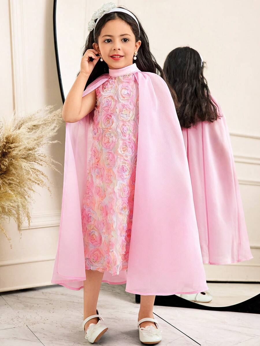 SHEIN 2pcs Set: Colorful Floral Embroidered Mesh Frill A-Line Collar Tank Dress & Organza Shawl Jacket, Elegant Casual For Young Girls