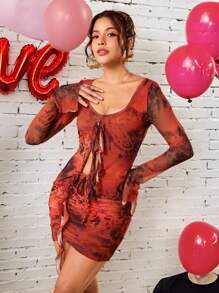 shy_girl Top transparente de manga larga con estampado de animal abstracto rojo, diseño hueco de lazo, para mujer diseñadora, primavera, salir, festival