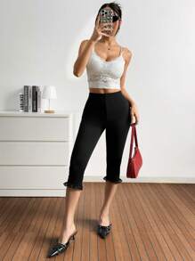 Muchica Black Knit Contrast Lace Trim Capri Leggings