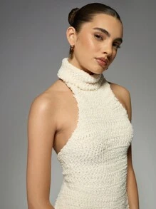 MISSGUIDED Luxury Halter Neck Knit Top Textured Turtleneck Sleeveless Party Club Evening Winter Fall Slim Fit Fashion Sweater - Apricot - View 4