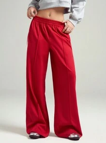 LYSMO 女士松紧腰侧条纹阔腿宽松休闲裤