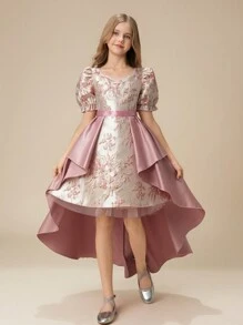 Tween Girl Wedding Flower Girl Fancy Jacquard 2 Pieces Set, Asymmetric Ruffle Hem Long Dress, Suitable For Formal Occasions, Parties, Birthdays - Pink - View 3