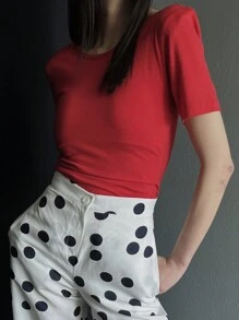 DAZY T-shirt sans dos ajusté et élastique à manches courtes de couleur unie pour femme, tenue du Nouvel An chinois, printemps/été, Top bain-de-soleil