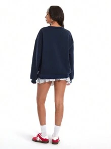 SHEIN Unity 女式宽松休闲美国国旗和字母印花羊毛圆领运动衫 - 藏蓝色 - 查看 2