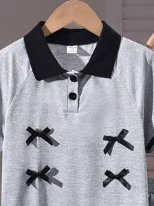 2pcs/Set Girls Bow Decor Gray Short Sleeve T-Shirt With Skirt Cute Outfit - Light Grey - View 5