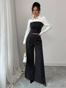 Elenzga 2 件女式黑白条纹衬衫领上衣和阔腿裤套装 - 黑與白 - 查看 6