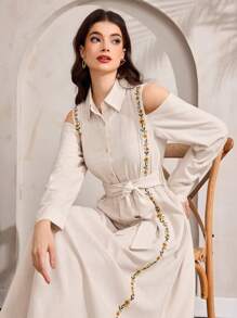 Al Najma Women's Floral Print Off The Shoulder Long Sleeve Elegant Dress - Apricot - View 2