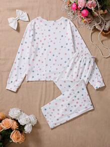 Tween Girls Star Print White Base 2 Pieces Casual Comfortable Pajama Set, Long Sleeve Top And Pants