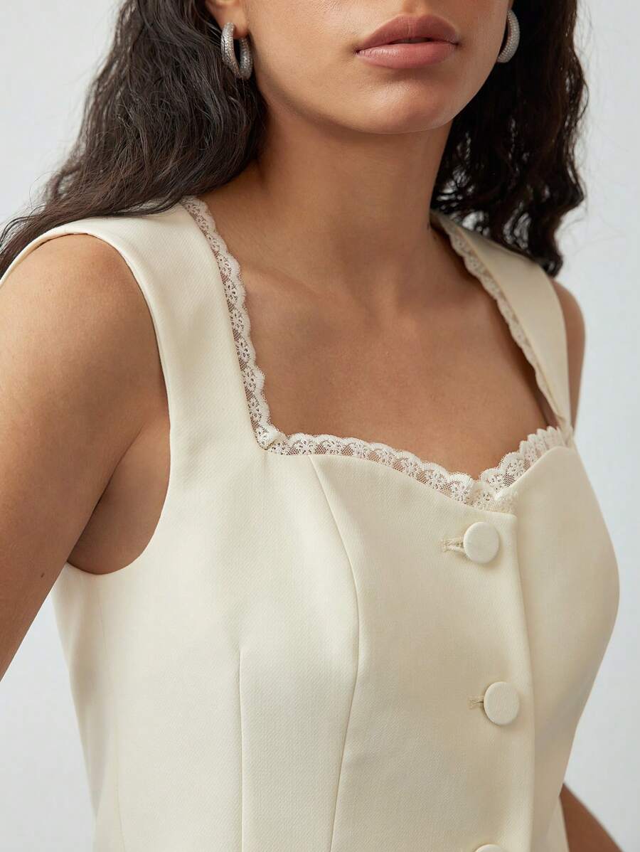 MOTF STUDIO CONTRAST LACE BUTTON UP WAISTCOAT - Apricot - View 2