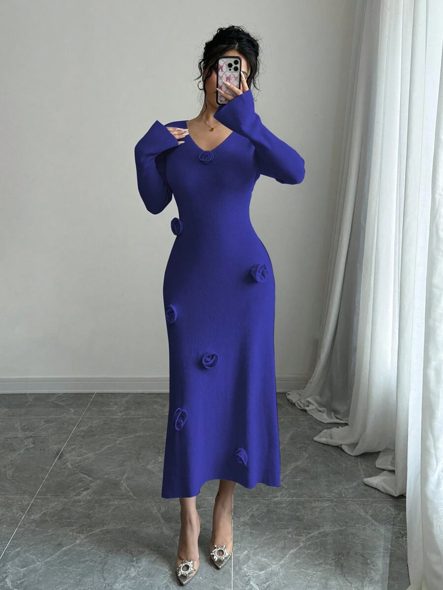 Elenzga 女士 V 领长袖优雅 3D 花朵毛衣连衣裙 - 寶藍色 - 查看 1