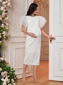 SHEIN 孕妇优雅青春成熟风格荷叶边袖圆领后开叉长款紧身孕妇连衣裙 - 白色 - 查看 5