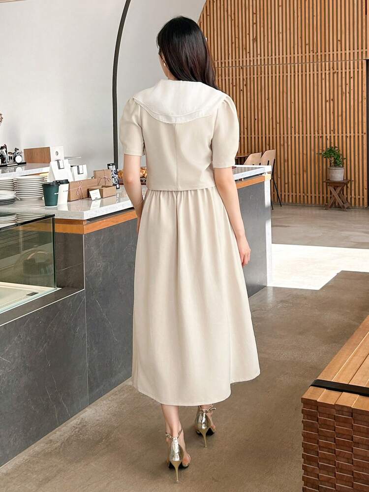 2pcs Women Office Wear Set: Color Blocking Ruffle Collar Blouse And Pleated Skirt