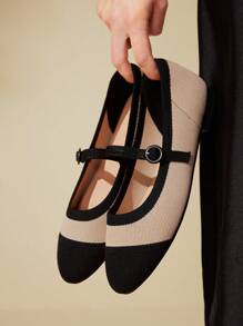 CUCCOO BASICS 女士时尚杏色和黑色面料拼接玛丽珍平底鞋，透气舒适休闲鞋，适合通勤、约会、聚会、度假 - 杏色 - 查看 2