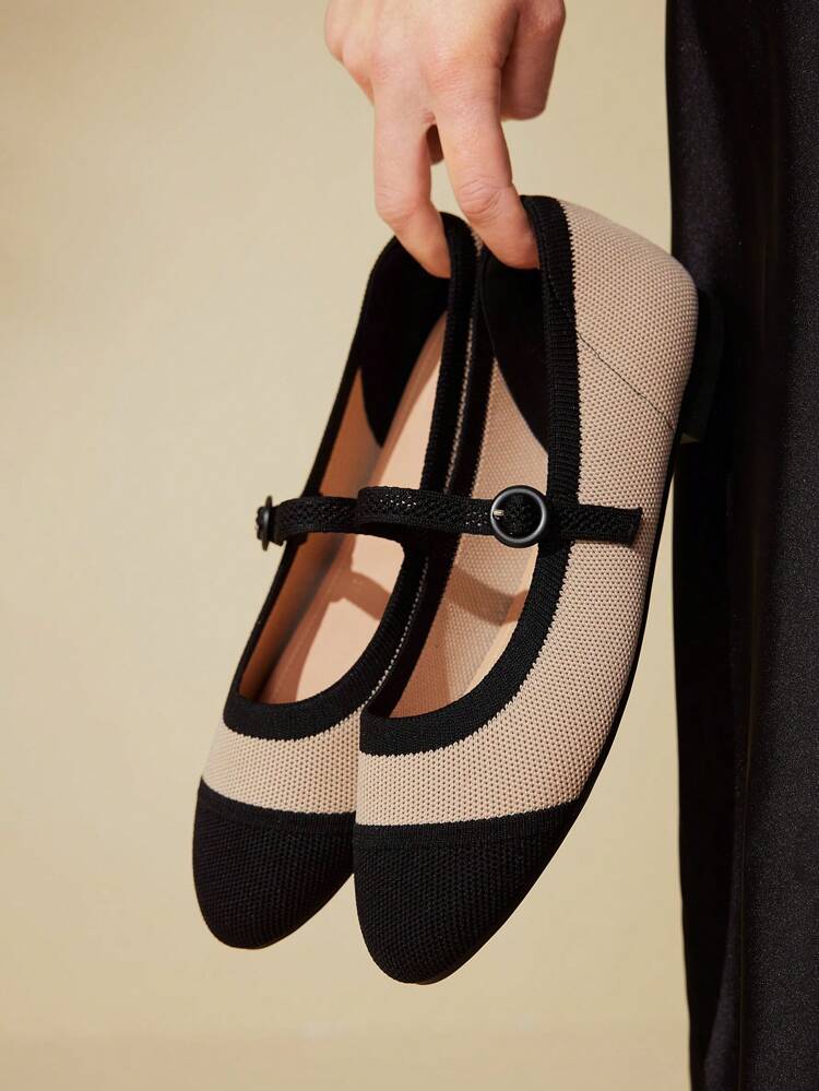 CUCCOO BASICS Women's Fashion Apricot & Black Fabric Splice Mary Jane Flats, Breathable Comfortable Casual Shoes For Commuting, Dating, Party, Holiday For Christmas Spring Shoes