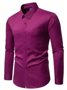 Manfinity Mode Men's Solid Color Single-Breasted Pocket Long Sleeve Casual Shirt