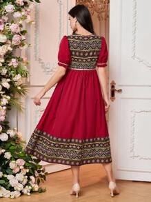 SHEIN Maternity Geometric Print Puff Sleeve Patchwork Dress - Red - View 2