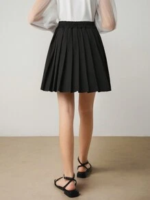 SHEIN Elladie kids 青少年女孩简约高腰 A 字迷你百褶裙，适合日常休闲装、校园风格、夏季、返校装、早春装 - 黑色 - 查看 2