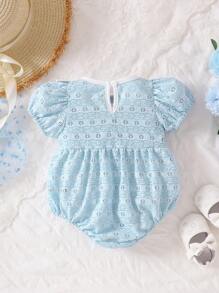 Infant Girls' Comfy Princess Style Ruffled Embroidered Cat Paw Jacquard Bodysuit, Cute & Sweet, Suitable For Home And Outing, Spring/Summer - Baby Blue - View 4