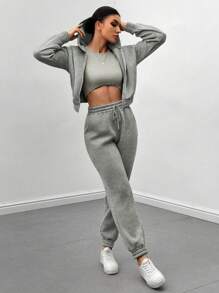 SHEIN LUNE Quý cô Màu thuần Quần skinny Áo ba lỗ Và Áo Zip Up Hoodie Và Tập thể dục Quần 3 cái/bộ - Xám - Xem 4
