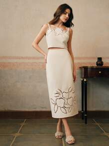 Anewsta Elegant Urban 2 Pieces Set: High-End Burn-Cut Hollow Embroidery Spaghetti Strap Bustier Top & Long Skirt
