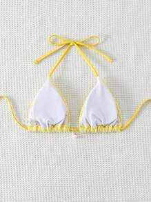 SHEIN Swim Summer 1pc Plain Texture Halter Neck Bikini Top - Yellow - View 2