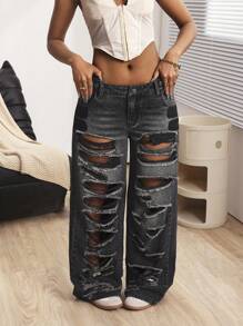 SHEIN ICON 女式前扣口袋做旧简约休闲牛仔裤 - 黑色 - 查看 3