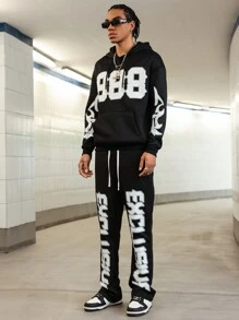 Manfinity Streetrush Conjunto de sudadera con capucha y pantalón de chándal estilo juvenil y de carreras con impresión digital grande en inglés para hombres, regalo para novio o esposo