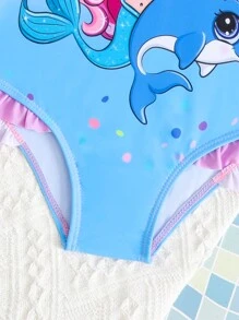 Young Girls One-Pieces SwimsuitCute Purple Blue Gradient Cartoon Mermaid Digital Print Sleeveless Briefs Swimsuit With Bow Perfect For Summer Trip To The Beach & Pool - Multicolor - View 4