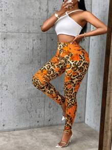 BamGleam Quần legging bó sát họa tiết da báo đỏ họa tiết kỹ thuật số gợi cảm cho trang phục thường ngày/ở nhà - Màu vàng - Xem 6