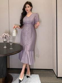 DAZY 波点V领镂空鱼尾中长连衣裙，女士舞会礼服，吊带裙，婚纱，奢华优雅女士连衣裙 - 紫色 - 查看 3