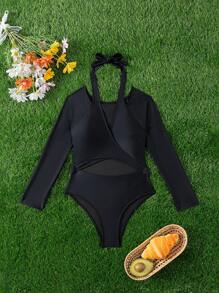 Swim SPRTY Rashguard deportivo de mujer de unicolor de manga larga con escote halter calado, para vacaciones de verano en la playa