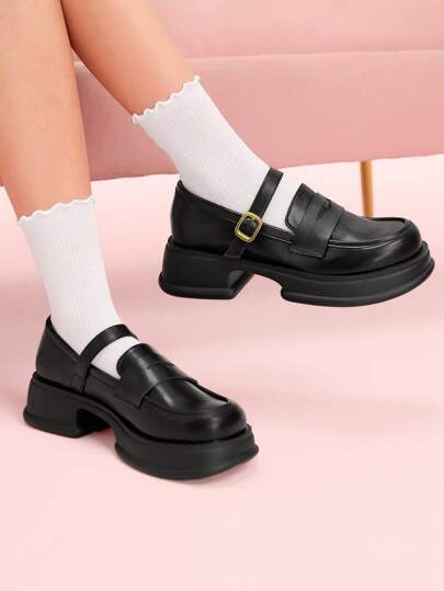 CUCCOO DOLLMOD Thick Sole Loafers, Black British Style Casual Leather Shoes For Women, Suitable For Autumn/Winter