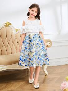 1 pieza Vestido azul para niñas preadolescentes con hombros descubiertos, volantes, bordados y decoraciones de lámina