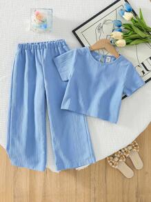SHEIN Genkimix Kids 2 chiếc áo sơ mi trơn tay ngắn màu trơn thường ngày cho bé gái kết hợp với quần ống rộng cạp chun, bộ mùa hè - Màu xanh lam - Xem 1