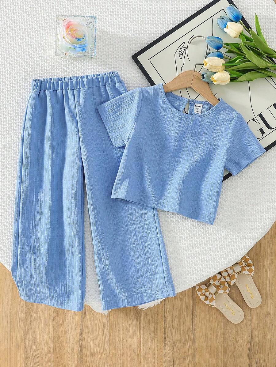 SHEIN Genkimix Kids 2 chiếc áo sơ mi trơn tay ngắn màu trơn thường ngày cho bé gái kết hợp với quần ống rộng cạp chun, bộ mùa hè - Màu xanh lam - Xem 1