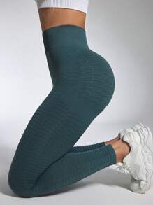 SHEIN 女士纯色高腰简约修身休闲紧身裤 - 綠色 - 查看 1