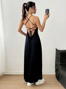 SHEIN Unity Abito casual lungo senza maniche e con spalline incrociate sulla schiena, di colore tinta unita, da donna - nero - Visualizzare 3