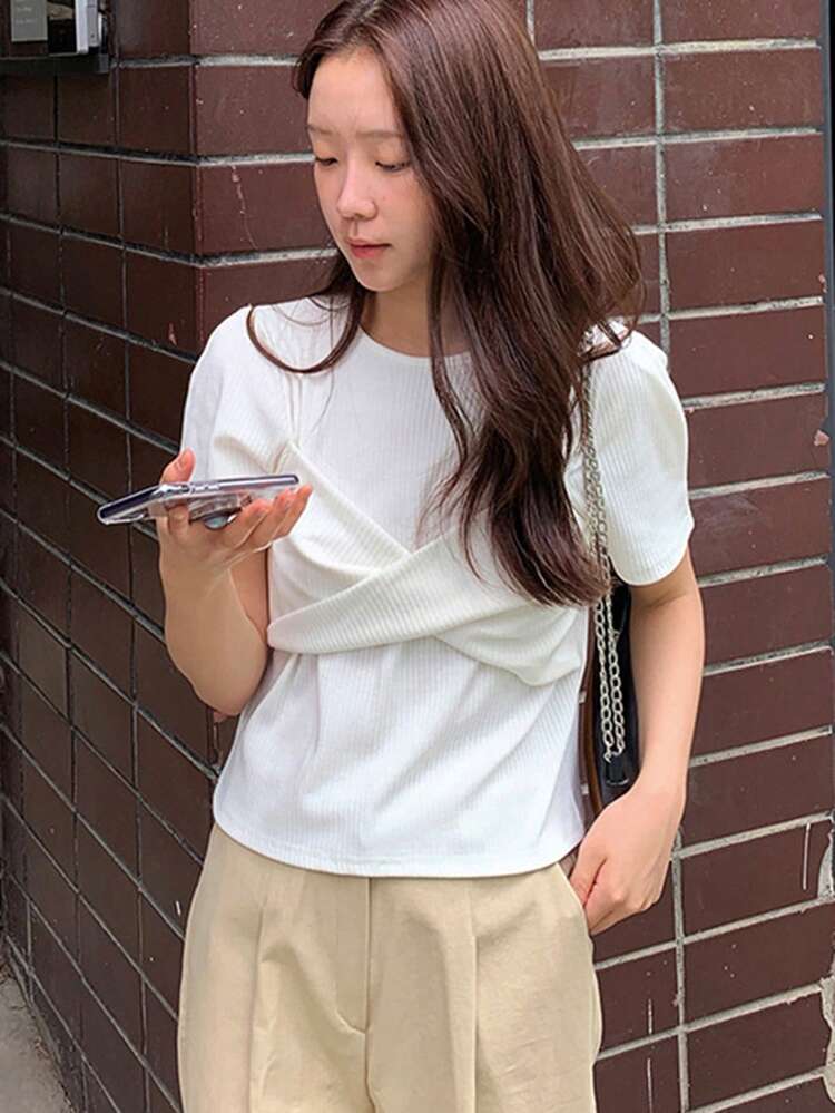 ウィメンズ ラウンドネック ツイスト スプライス 半袖Tシャツ、春夏